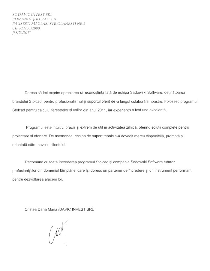 Referință de la compania DAVIC INVESTReferencja od Firmy 2