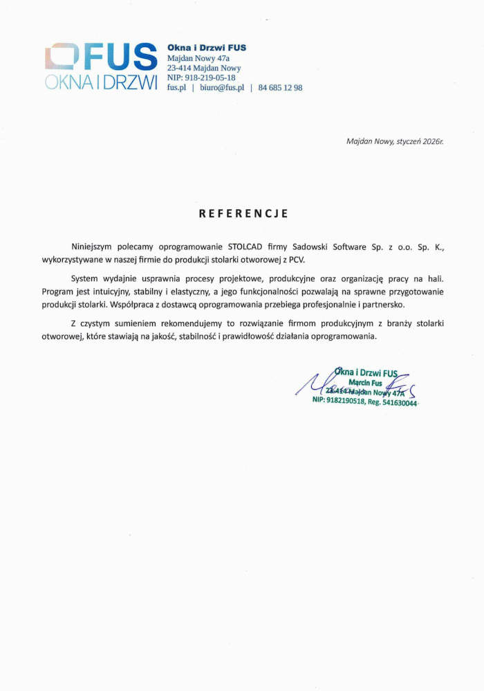 Рекомендация от компании FUSReferencja od Firmy 2