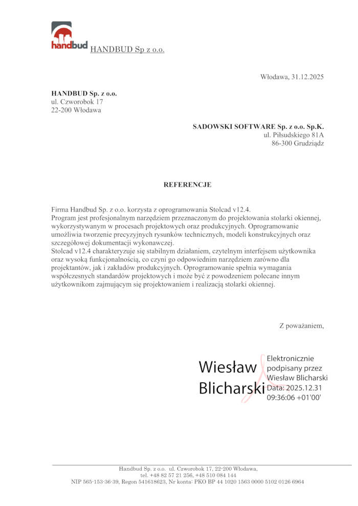 Рекомендация от компании HANDBUDReferencja od Firmy 2