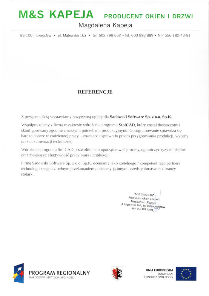 Referencja od Firmy M&S KAPEJAReferencja od Firmy 2