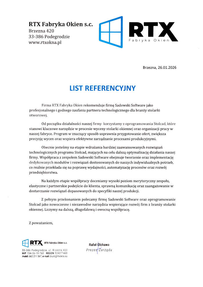 Рекомендация от компании RTX FABRYKA OKIENReferencja od Firmy 2