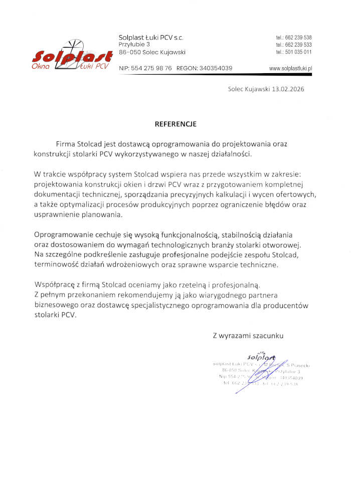 Referencja od Firmy SOLPLAST ŁUKI PCVReferencja od Firmy 2