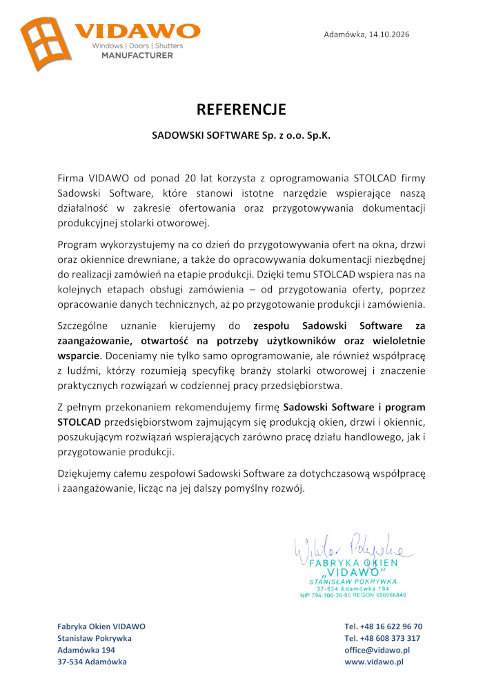 Рекомендация от компании VIDAWOReferencja od Firmy 2